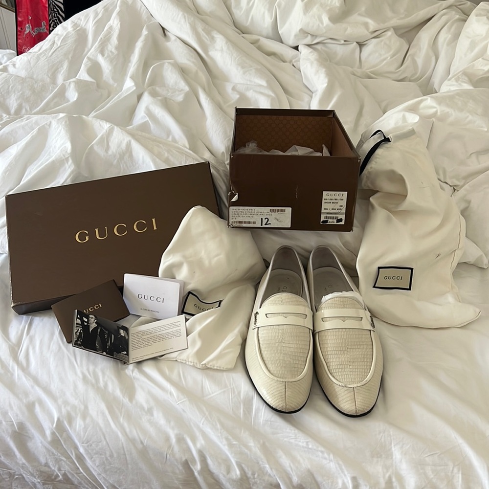 Amazing White Gucci Lizard Skin Gucci Loafers gently worn.